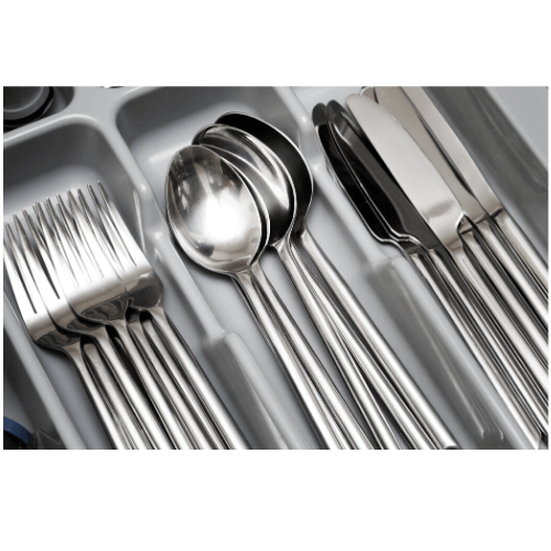 Silver cutlery in tray